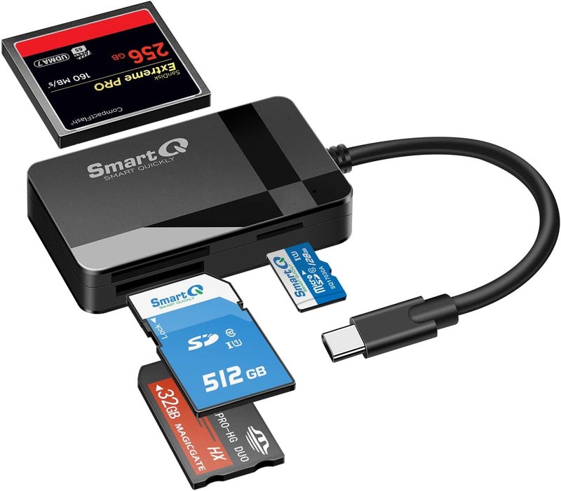SmartQ SD Card Reader, 4-in-1 USB C 3.0 SD/Micro SD/MS/CF Memory Card Reader, Adapter for Camera, Compatible with MacBook Pro, MacBook Air/iPad Pro, Samsung Galaxy S10/S9/S8, Surface Book 2 - Image 1
